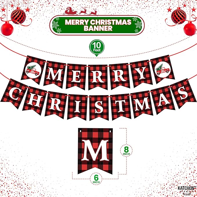 KatchOn, Merry Christmas Banner for Mantle- Large, 10 Feet, No DIY | Red and Black Christmas Fireplace Banner | Buffalo Plaid Christmas Decorations Indoor | Xmas Party Decorations | Xmas Decorations
