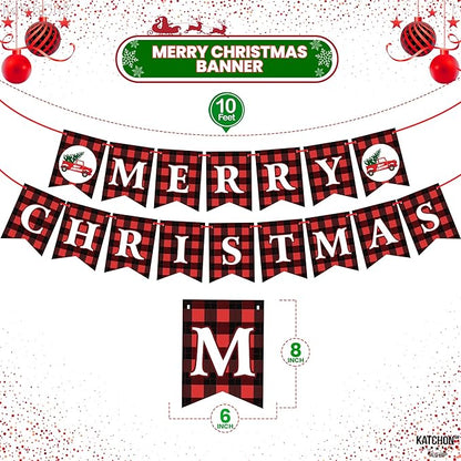 KatchOn, Merry Christmas Banner for Mantle- Large, 10 Feet, No DIY | Red and Black Christmas Fireplace Banner | Buffalo Plaid Christmas Decorations Indoor | Xmas Party Decorations | Xmas Decorations