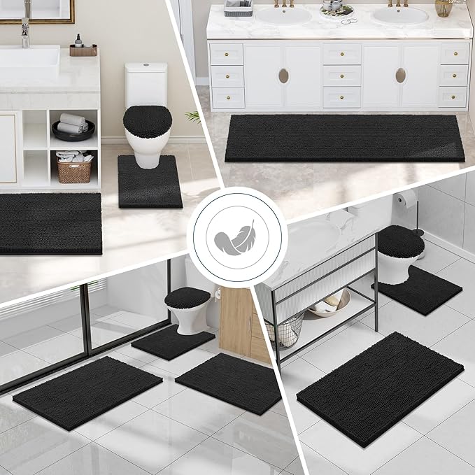 Smiry Luxury Chenille Bathroom Rugs 47x24, Extra Soft and Absorbent Shaggy Bath Mat, Machine Washable, Non-Slip Plush Carpet Runner for Tub, Shower, and Floor, Home Decor Accessories, Black