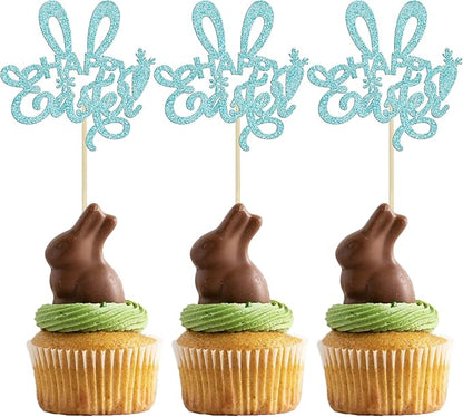 Ephlyn 24Pcs Happy Easter Cupcake Toppers - Blue Glitter Rabbit Ear Picks Decorations for Easter Day Theme, Baby Shower, Kids Birthday Party Supplies