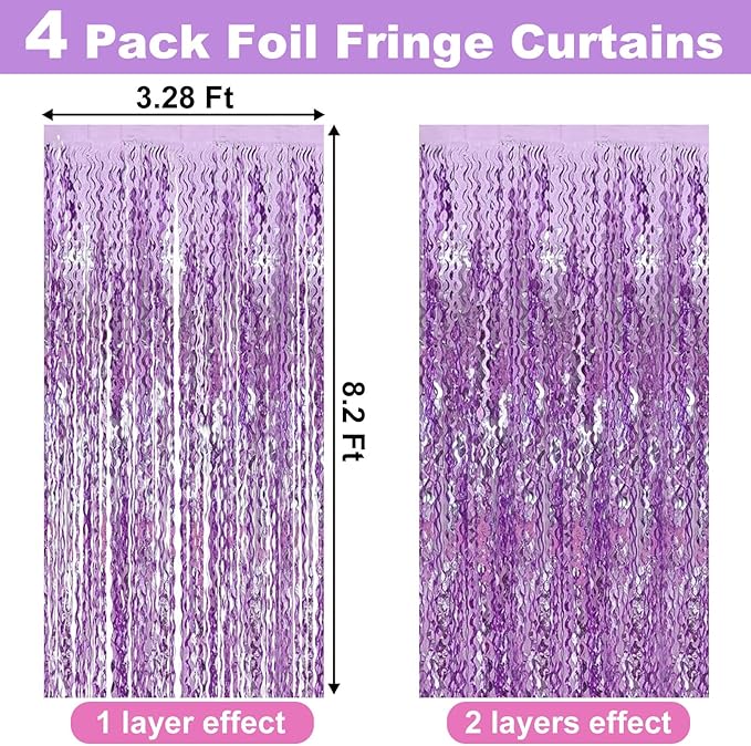 4 Pack Light Purple Fringe Curtain Backdrop 3.2Ft x 8.2Ft Metallic Tinsel Foil Fringe Streamers Background for Photo Booth Mother's Day, Easter, Carnival, Birthday, Wedding Party Decoration