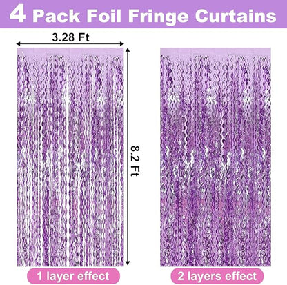 4 Pack Light Purple Fringe Curtain Backdrop 3.2Ft x 8.2Ft Metallic Tinsel Foil Fringe Streamers Background for Photo Booth Mother's Day, Easter, Carnival, Birthday, Wedding Party Decoration