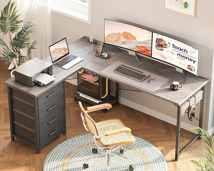 AODK L Shaped Gaming Desk with 4 Drawers, 53" Reversible Home Office Desks with Power Outlets, L Shaped Computer Desk with USB Charging Port and Host Stand, Corner Desk, Easy to Assemble, Grey