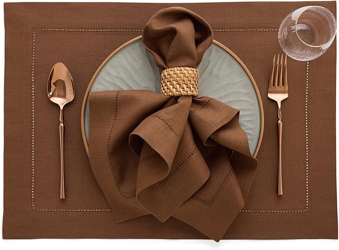 Solino Home Linen Placemats Set of 4 - Classic Hemstitch Brown Placemats 14 x 19 Inch - 100% Pure Linen Table Mats for Fall, Autumn