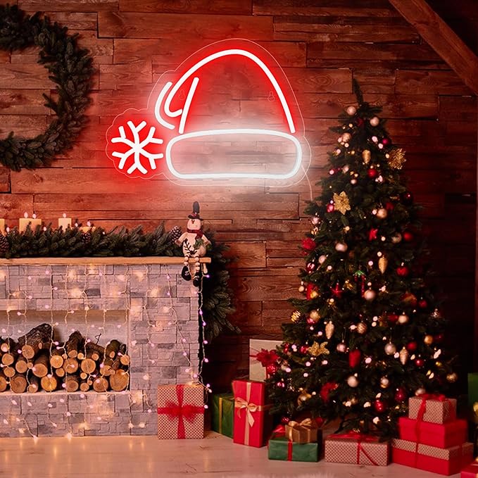 Christmas Hat Neon Sign, Red & White USB Plastic LED Light, Modern Holiday Decorative Signage for Wall Decor, Dimmable Christmas Decorations