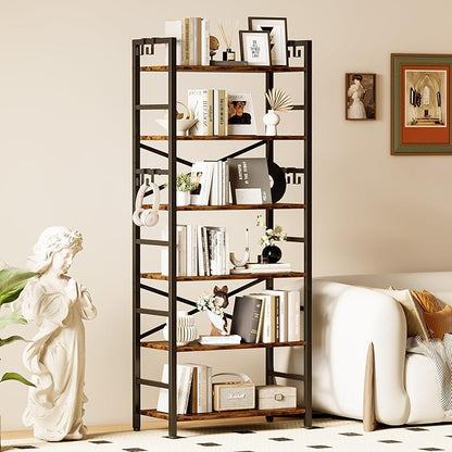Homeiju 6 Tier Bookshelf, Industrial Bookcase with 8 Hooks, Vintage Storage Rack with Open Shelves, Rustic Standing Bookshelves Metal Frame Display Rack for Living Room, Bedroom, Rustic Brown