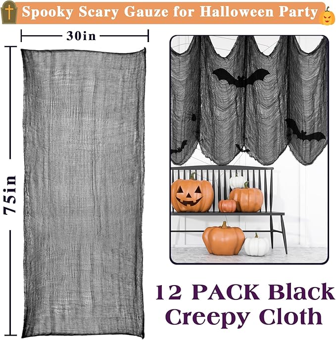 Halatool 12 Pack Halloween Creepy Cloth 30 x 75 Inch, Hanging Gauze Spooky Halloween Decorations for Party Supplies Outdoor Yard Home Wall Decor（Black）