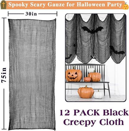Halatool 12 Pack Halloween Creepy Cloth 30 x 75 Inch, Hanging Gauze Spooky Halloween Decorations for Party Supplies Outdoor Yard Home Wall Decor（Black）