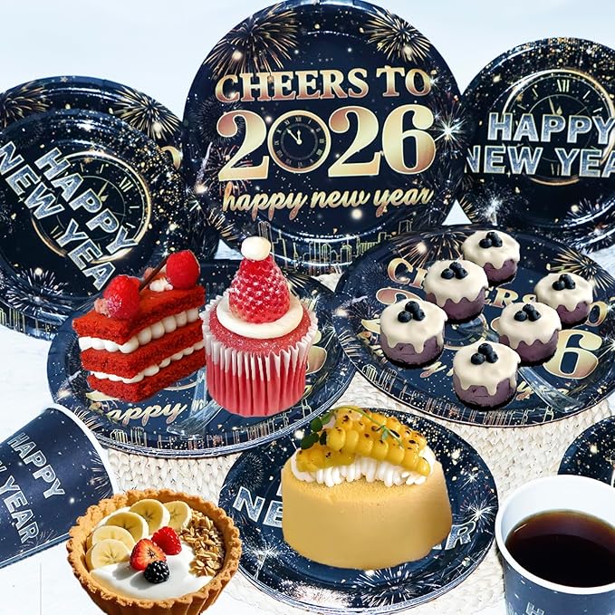 New Year Party Supplies Serves 20, Cheers to 2026 New Year Decorations Napkins and Plates Set, Disposable Paper Plates, Cups, Napkins Tableware Set for Party