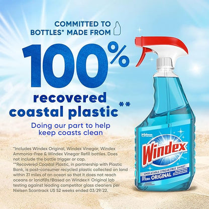 Windex Glass Cleaner Spray Refill, Original Blue Window Cleaner Works on Smudges and Fingerprints, Bottle Made of 100% Recovered Coastal Plastic, 2L (Pack of 2)