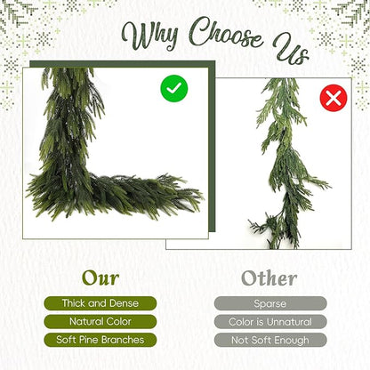 N&T NIETING 6FT Christmas Norfolk Pine Garland Real Touch Pine Artificial Faux Greenery Garlands Winter Christmas Garland for Table Mantle Fireplace Holiday Indoor Outdoor Xmas Decorations (6 Pcs)