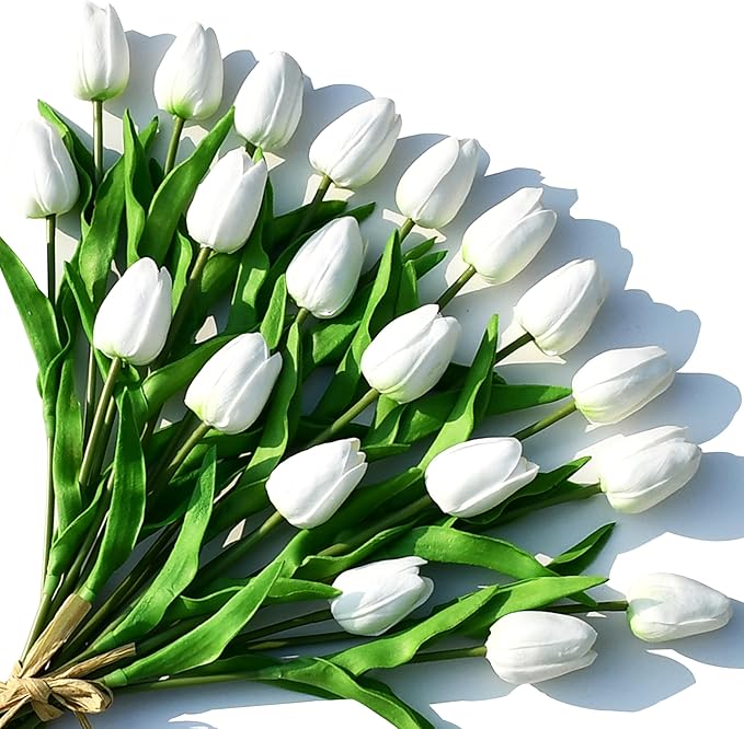 ONLY ART Artificial White Tulips 20 Pcs – 13.5 Inch PU Faux Flowers with Bendable Stems for Home Décor, Wedding Centerpieces, DIY Floral Arrangements, Table Decorations