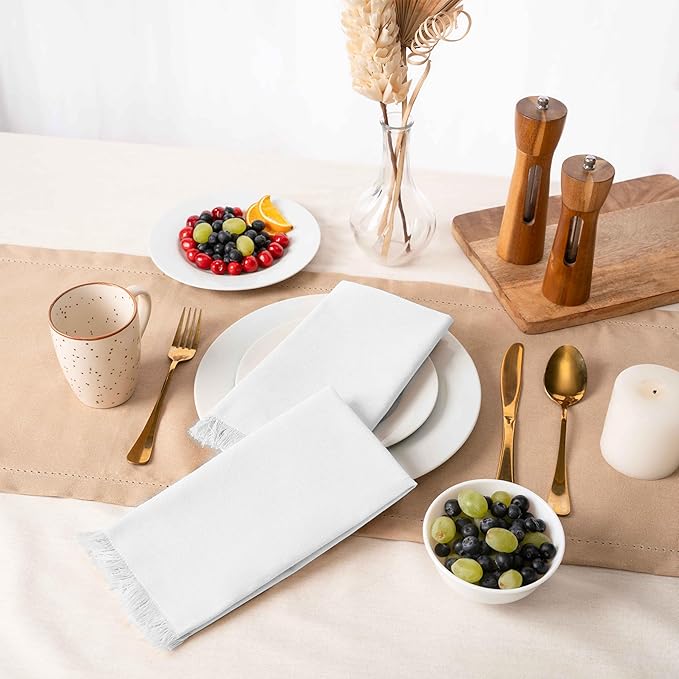 Blue Needles Handmade Cotton Linen Cloth Napkins with Fringes - Set of 6 Ivory Dinner Table Napkins 18x18 Inch Hemmed Edges Washable, Soft, Reusable, Perfect for Fall Thanksgiving & Family Dinner