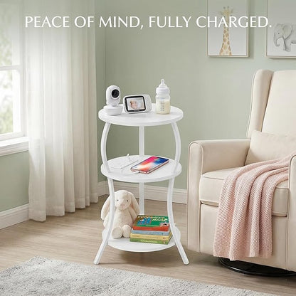 Small Round Side Table with Charging Station, 3-Tier Waist Circular End Table with Storage Shelf, Compact Tea Sofa Side Table Small Spaces, Round Corner Coffee Table for Living Room Bedroon,White