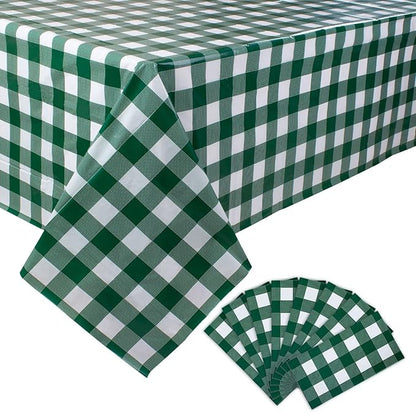 Kesfey 8 Packs Green and White Checkered Tablecovers 54 x 108 Inches Disposable Party Picnic Table Cloth SpillProof Plastic Gingham Tablecovers for Camping Decoration Party Favors
