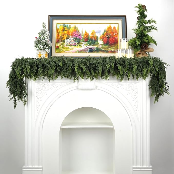 Artificial Cedar Garland, Realistic Green Pine Garland for Indoor & Outdoor Christmas Decorations, Lifelike Cedar Greenery for Mantle, Table, Staircase, and Wall (6FT(2 PCS))