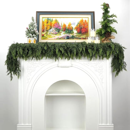 Artificial Cedar Garland, Realistic Green Pine Garland for Indoor & Outdoor Christmas Decorations, Lifelike Cedar Greenery for Mantle, Table, Staircase, and Wall (6FT(2 PCS))