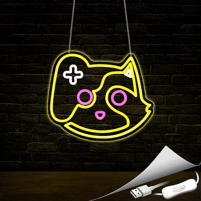 Game Cat Neon Sign, Neon Signs for Wall Decor Neon Lemon Yellow LED Signs Gaming Room Neon Light Up Signs Home Decor for Bedroom Club Party Bar Shop USB Operated