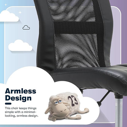 Serta Essential Armless TaskChair, Small Desk Chairs with Wheels, Breathable Mesh Back and Faux Leather, Quality Foam Cushion Seat for Comfort, Minimal Design for Vanity Table, Black