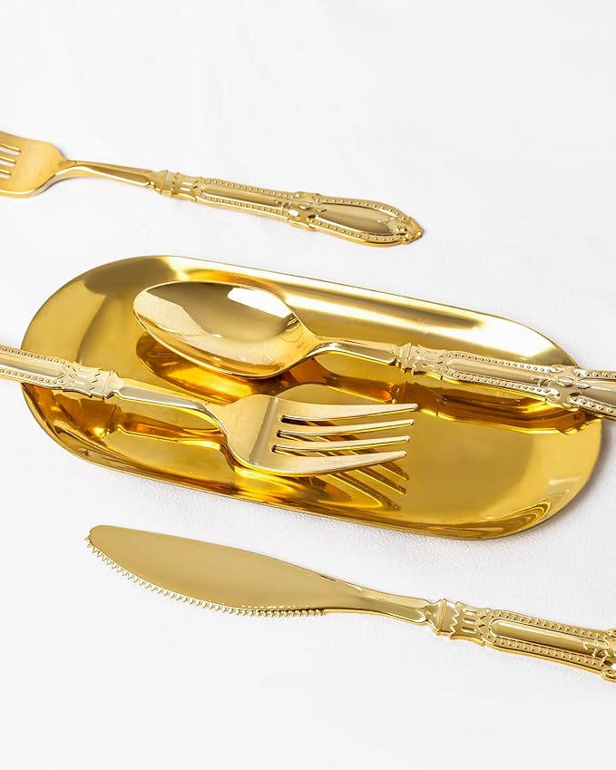 Nervure 300PCS Gold Plastic Silverware - Heavy Duty Disposable Cutlery Set,Luxury Gold Plastic Utensils include 100Pcs Forks, 100Pcs Spoons, 100pcs Knives Perfect for Wedding,Party,Daily Use