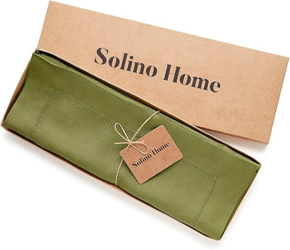 Solino Home Linen Placemats Set of 4 - Classic Hemstitch Avocado Green Placemats 14 x 19 Inch - 100% Pure Linen Table Mats for Fall, Autumn, Winter