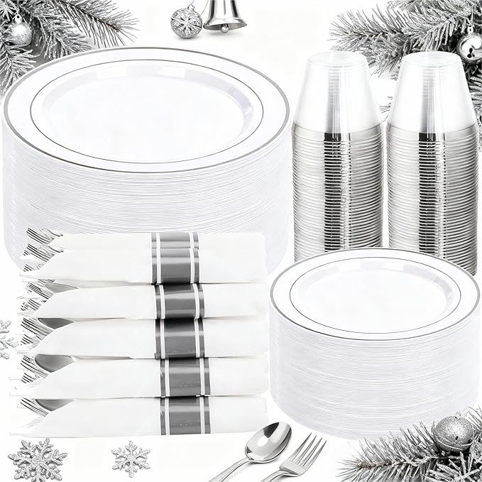 DaYammi 350PCS Silver Plastic Dinnerware Set for 50 Guests, Fancy Disposable Plates for Christmas, Include: 50 Dinner Plates, 50 Dessert Plates, 50 Pre Rolled Napkins with Silver Silverware, 50 Cups