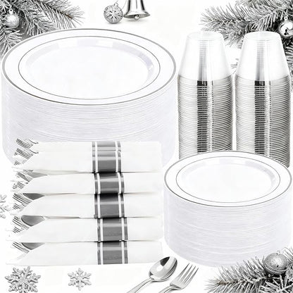 DaYammi 350PCS Silver Plastic Dinnerware Set for 50 Guests, Fancy Disposable Plates for Christmas, Include: 50 Dinner Plates, 50 Dessert Plates, 50 Pre Rolled Napkins with Silver Silverware, 50 Cups