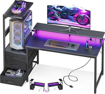AODK 52 Inch Gaming Desk with USB Charging Ports & LED Light- Reversible Computer Desk with Storage Shelves & Monitor Stand, Modern Gamer Desk Table with Fabric Drawers & Side Hook, Carbon Fiber Black