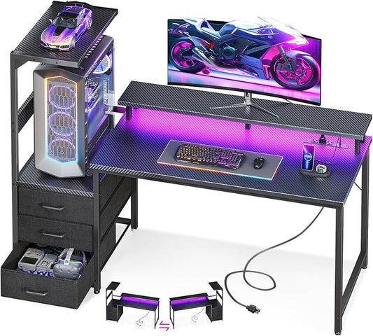 AODK 52 Inch Gaming Desk with USB Charging Ports & LED Light- Reversible Computer Desk with Storage Shelves & Monitor Stand, Modern Gamer Desk Table with Fabric Drawers & Side Hook, Carbon Fiber Black