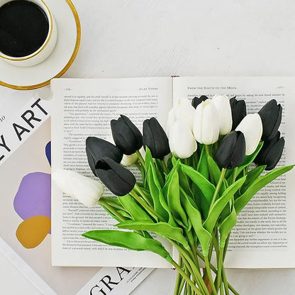 ONLY ART Artificial Black Tulips 20 Pcs – 13.5 Inch PU Faux Flowers with Bendable Stems for Home Décor, Wedding Centerpieces, DIY Floral Arrangements, Table Decorations