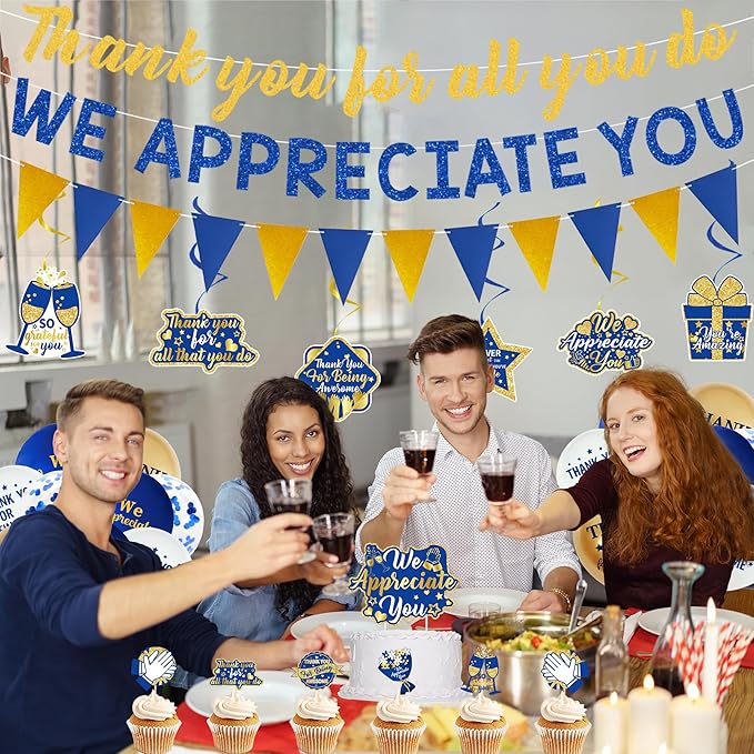 DARUNAXY Blue Gold We Appreciate You Decorations, Thank You All You Do Banner Hanging Swirl Confetti Balloons for Retirement Office Coworker Staff Teachers Nurse Appreciation Gifts Party Supply