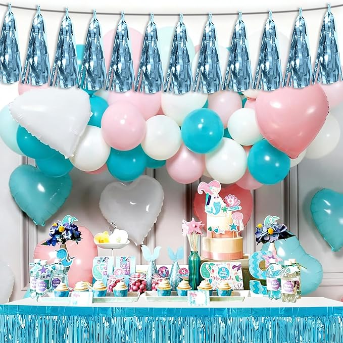 3P Light Blue Tassel Banner Garland Metallic Foil Fringe Banner Tinsel Tassels Streamer Banner Backdrop for Parade Floats, 2025 Graduation Decorations, Wedding Party Decoration