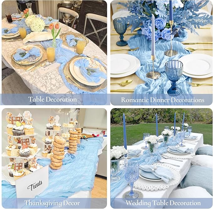 3 Pack Baby Blue Table Runner Boho Gauze Cheesecloth Table Runner 120 Inches Long Light Blue Cheese Cloth Runner for Wedding Bridal Baby Shower Birthday Party Thanksgiving Decor