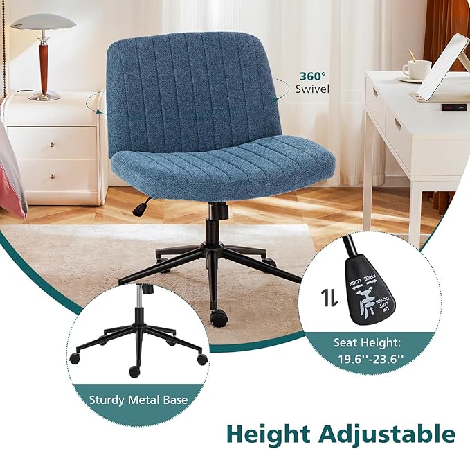 OLIXIS Criss Cross Chair with Wheels Wide Cross Legged Office Desk Vanity Chair Comfy Fabric Armless Adjustable Swivel for Home Computer Task Blue