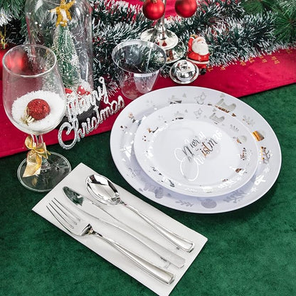 Ciaell 175PCS Christmas Plastic Plates - White and Silver Plastic Plates for 25 Guests - Include 50 Disposable Plate, 25 Knives, 25 Spoons, 25 Forks and 25 Christmas Tree Napkins for Xmas Party