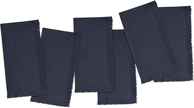 Blue Needles Handmade Cotton Linen Cloth Napkins with Fringes - Set of 6 Navy Blue Dinner Table Napkins 18x18 Inch Hemmed Edges Washable, Soft, Reusable, Perfect for Fall Thanksgiving & Family Dinner