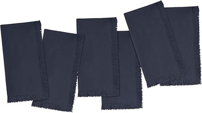 Blue Needles Handmade Cotton Linen Cloth Napkins with Fringes - Set of 6 Navy Blue Dinner Table Napkins 18x18 Inch Hemmed Edges Washable, Soft, Reusable, Perfect for Fall Thanksgiving & Family Dinner