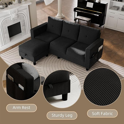 JAMFLY Convertible Sectional Couches for Living Room, L-Shaped Couch 3 Seat Sectional Sofa Set with Corduroy Fabric and Movable Ottoman Small Couch for Apartments, Office(Black)