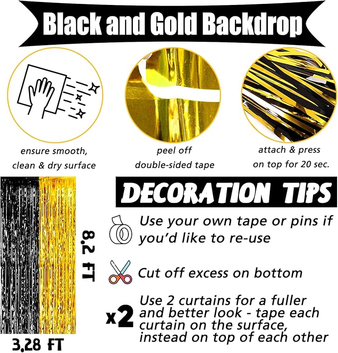 4 Pack 3.2Ft x 8.2Ft Black and Gold Fringe Curtain Backdrop, Metallic Tinsel Foil Fringe Streamers Curtains Background for Photo Booth Birthday Wedding Graduation Carnival Party Decorations