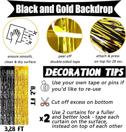 4 Pack 3.2Ft x 8.2Ft Black and Gold Fringe Curtain Backdrop, Metallic Tinsel Foil Fringe Streamers Curtains Background for Photo Booth Birthday Wedding Graduation Carnival Party Decorations
