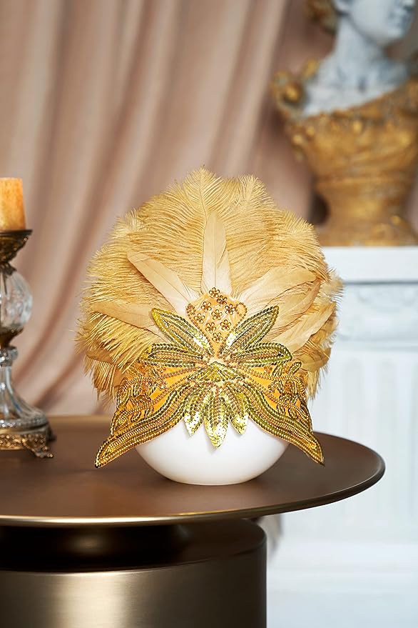 BABEYOND Carnival Feather Headpiece Showgirl Pageant Headband Women's 1920s Flapper Headband (Gold)