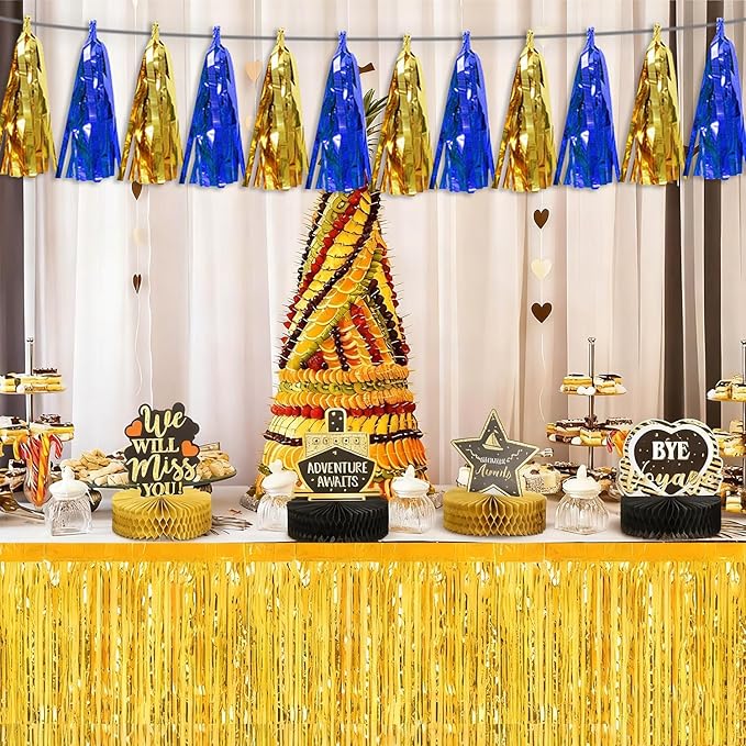 3PNavy-Blue Gold Tassel Banner Garland Metallic Foil Fringe Banner Tinsel Tassels Streamer Banner Backdrop for Parade Floats Birthday Graduation Christmas Bridal/Baby Shower Party Decorations