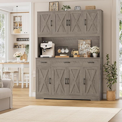 HOSTACK 71" Tall Pantry Cabinet with Charging Station, 55" Wide Kitchen Pantry Storage Cabinet with Countertop, Large Kitchen Hutch with Storage Drawers and Microwave Stand for Dining Room, Ash Grey
