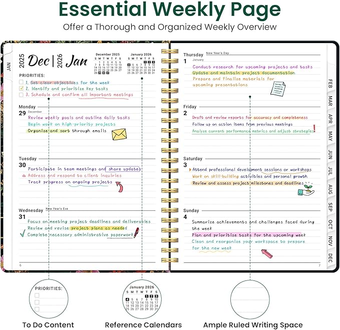 2026 Planner, Weekly and Monthly Planner for Women, Jan 2026 - Dec 2026 Pretty 2026 Calendar Planner with Monthly Tabs, Inner Pocket, Spiral Binding, Perfect for Office Home School - 8.5" x 11", Abundant Floral