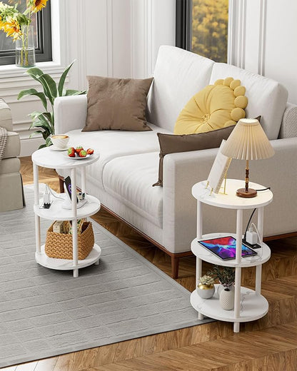 Small Round Side Table - 3-Tier Oval Accent Table for Small Spaces, Rustic Wood and Metal Nightstand for Living Room or Bedroom, with Built-in USB Ports and Power Outlet, Marble White