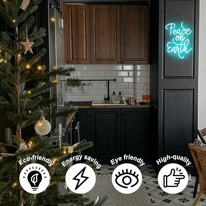 Peace on Earth Neon Sign Ice Blue Letter LED Neon Light Dimmable Neon Light Up Signs for Bedroom Man Cave Church Christmas Party Decor Blessing Gift