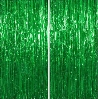 Thicken Green Streamers 2 Pack 3.2 x 8.2 FT, Green Birthday Decrorations Tinsel Backdrop Curtains, Foil Fringe Photo Backdrop for Dinosaur, Football, Christmas, Jungle, Golf Party Decorations