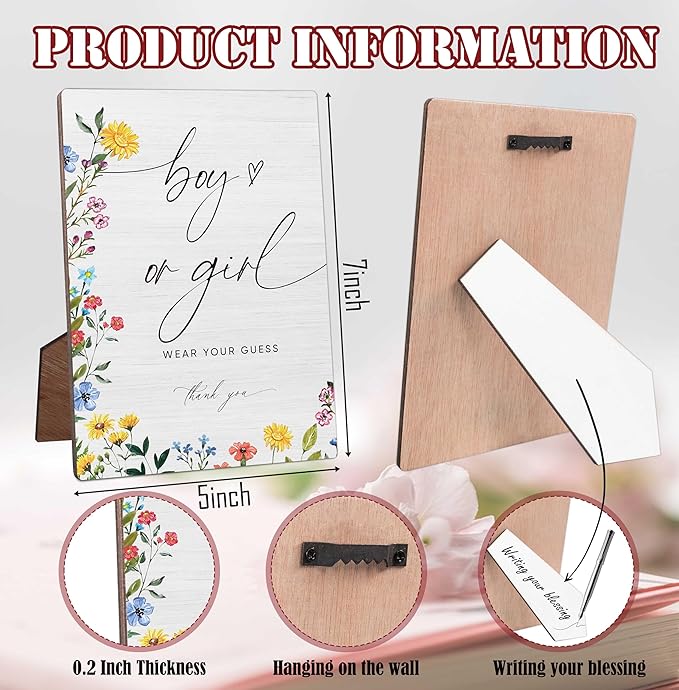 Boy or Girl Wear Your Guess Baby Shower Sign, Floral Wooden Table Sign with Stand and Hook, 5x7 inches, Free-standing/Hanging, Home/Office Decor