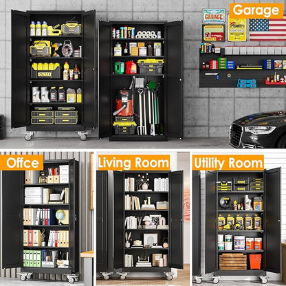 71''H Tall Metal Garage Storage Cabinet with Wheels,Steel File Cabinets with 2 Doors and 4 Adjustable Shelves for Home Office, Warehouse, Required Assembly,Black
