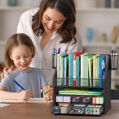 SWTYMIKI Desk Organizer with Drawers - Mesh and Wood Desk File Organizer with Pen Holders, 4-Tier Paper Organizer for Office Organizer and Accessorie, School and Home Storage, Black
